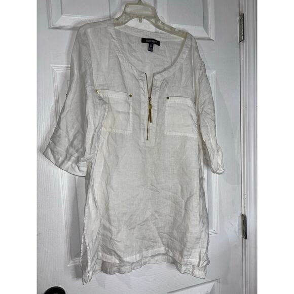 Ellen Tracy Blouse White 100% Linen Pullover Zip Tunic Top - Picture 1 of 7